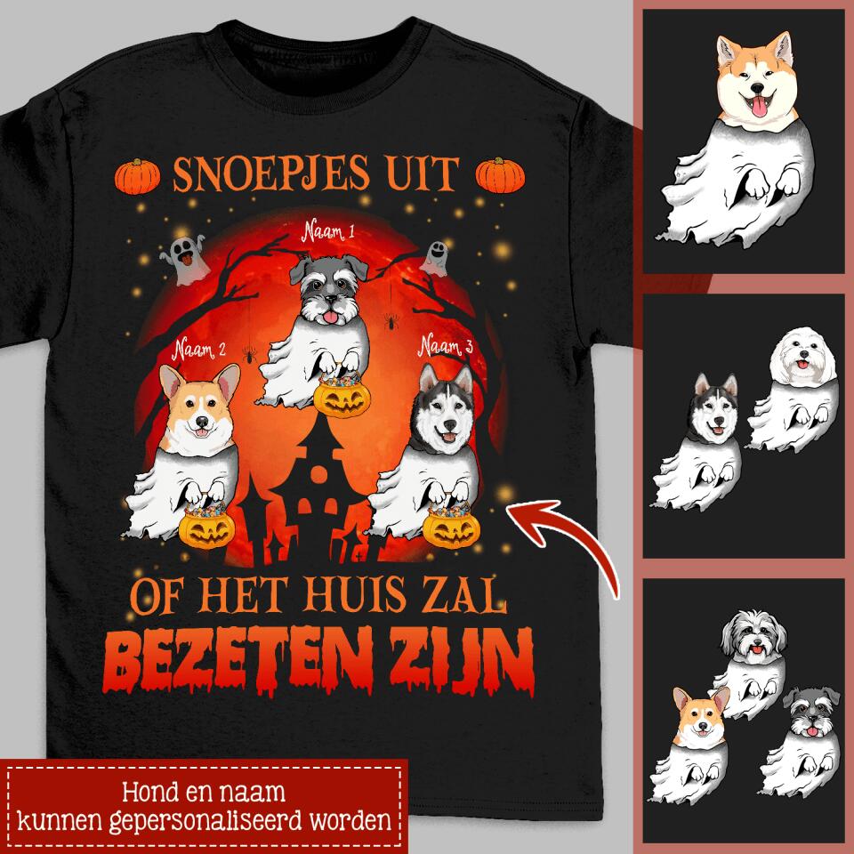 Snoepjes uit of het huis zal bezeten zijn, Personaliseerbaar Halloween T-shirt voor Hondenliefhebbers