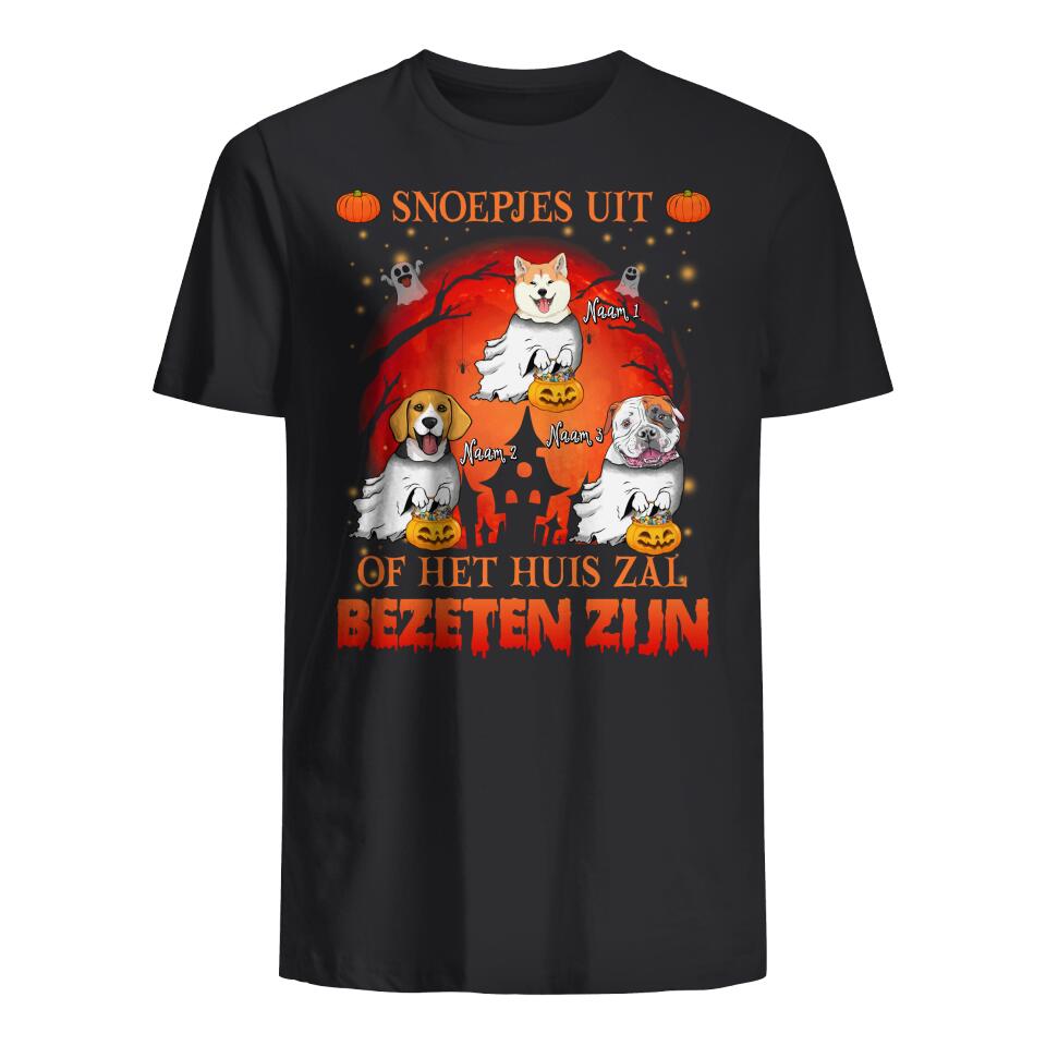 Snoepjes uit of het huis zal bezeten zijn, Personaliseerbaar Halloween T-shirt voor Hondenliefhebbers