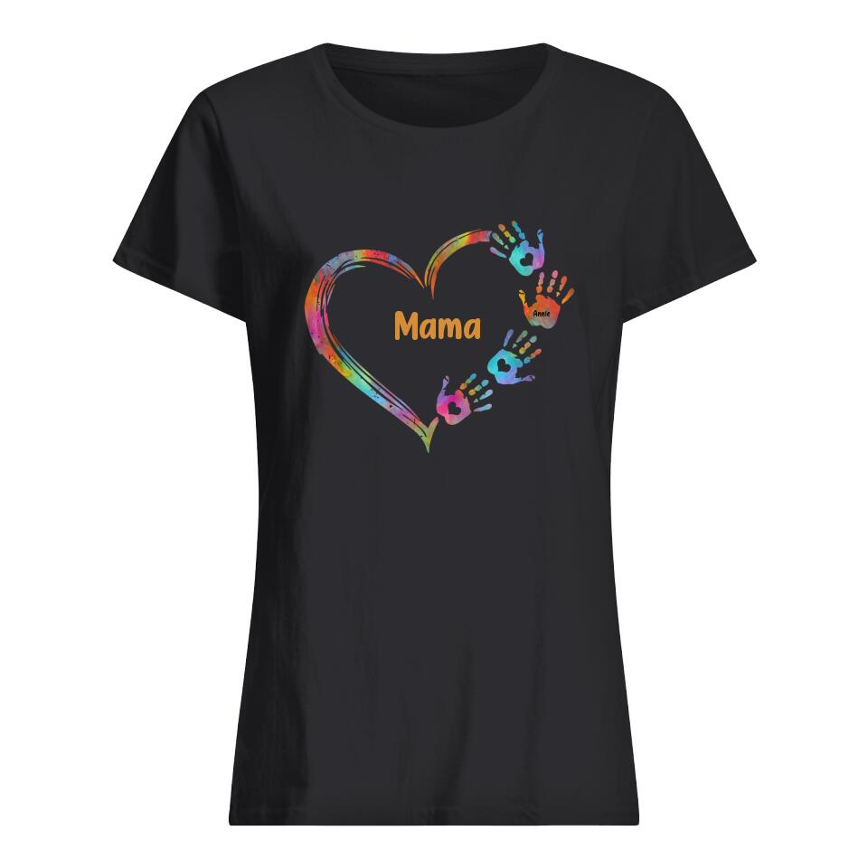 Gepersonaliseerd t shirt voor Mama | Gepersonaliseerd cadeau voor Moeder | Mama Kleurrijk Hart Handafdruk