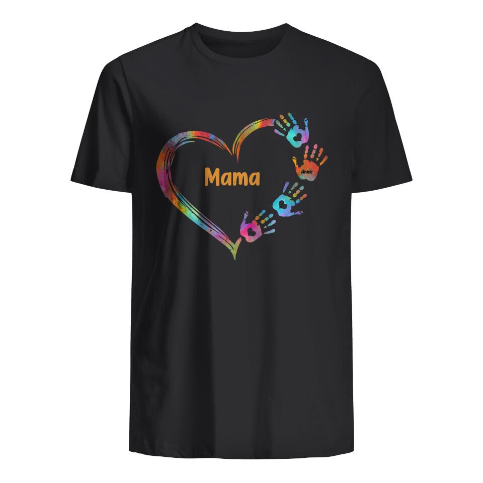 Gepersonaliseerd t shirt voor Mama | Gepersonaliseerd cadeau voor Moeder | Mama Kleurrijk Hart Handafdruk