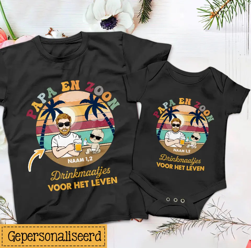 Gepersonaliseerd t shirt voor Nieuwe papa | Gepersonaliseerd cadeau voor Nieuwe vader | Papa en zoon/dochter Drinkmaatjes voor het leven