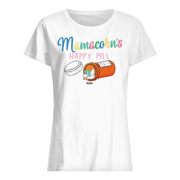 Personaliseerbaar Uniseks T-Shirt Mamacorn Gelukkig Pillen